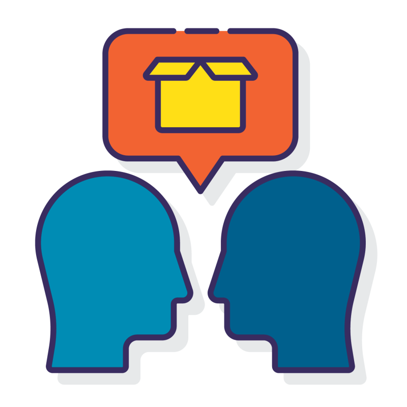 Two silhouetted heads with a speech bubble over their head. Inside the bubble is an open box.
