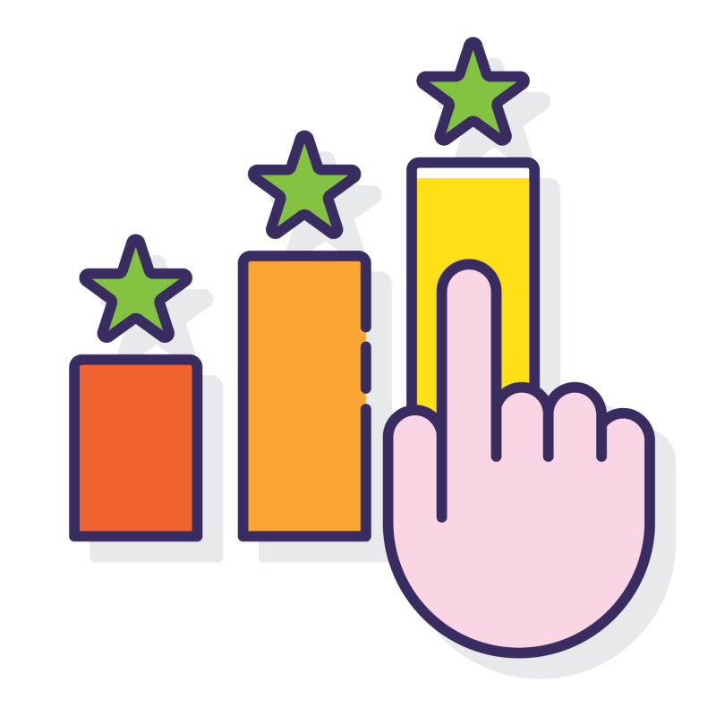 A graph of three different colored bars. Each bar has a star above it. On the right-hand bar, a hand's pointer finger is placed.