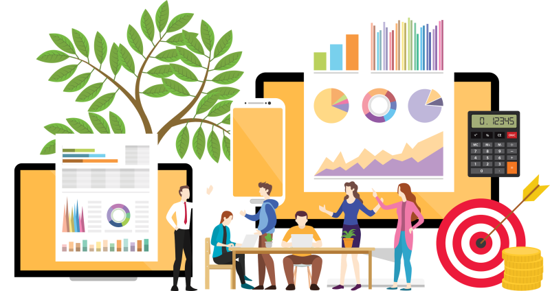 An illustration of a team looking at company numbers and discussing how to best appeal to an audience. There are several graphs, a calculator, a target, and several screens behind them to symbolize the conversation.