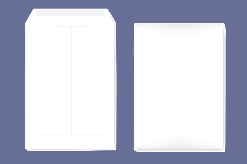 Two versions of a white catalog envelope, front and back, in front of a purple background