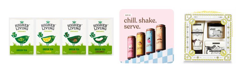 Three examples of brands with "illustrative elements" in design: Higher Living, Chamberlain Coffee, Beekman 1802.
