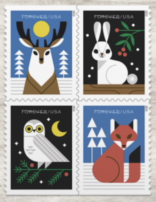 The design of a set of four Forever Stamps from the United States Postal Service, featuring four woodland animals.