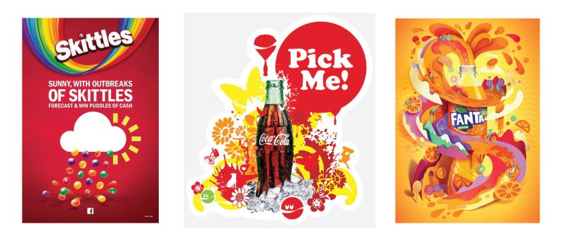 Three examples of brands with "vivid coloring" in design: Skittles, Coca-Cola, Fanta.