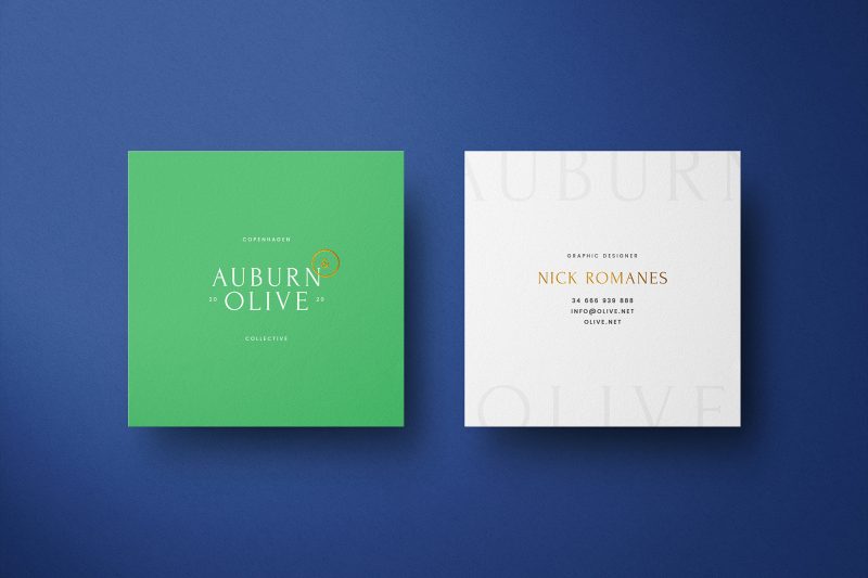 A business card in a square shape.