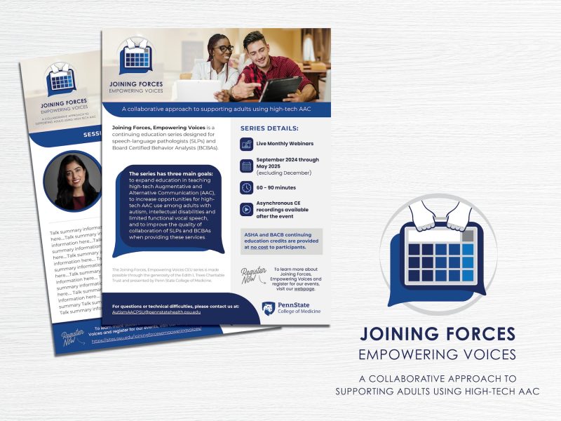 Flyers and a logo on "Joining Forces, Empowering Voices," which is a high-tech AAC software for people who cannot use their voice to communicate. The device gives them the ability to "speak" using pictures or buttons with words.
