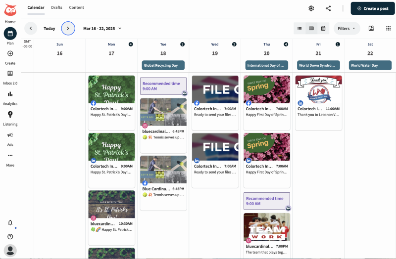 Screenshot of how Colortech lays out scheduled social media posts for a week's time on Hootsuite.