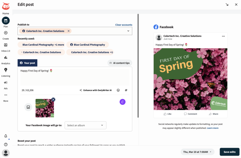Screenshot of what scheduling a social media post looks like on Hootsuite.