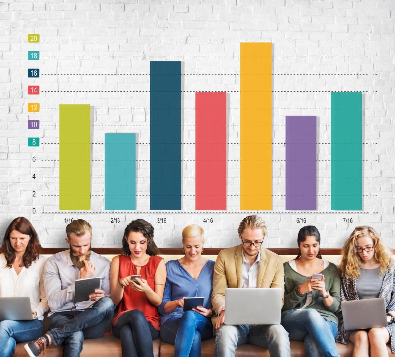 A group of people sit while looking down on various technical devices. A bar graph is drawn behind them with potential marketing data from over several months.
