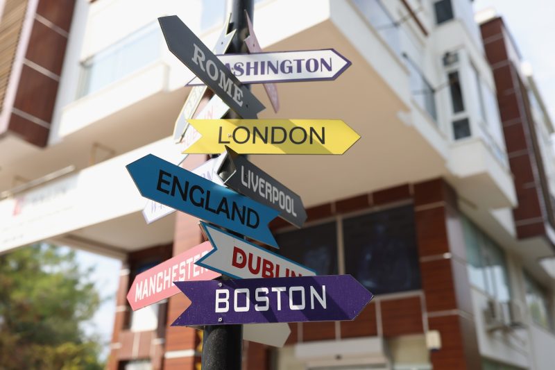 A pillar sign with arrows pointing to multiple cities/countries.