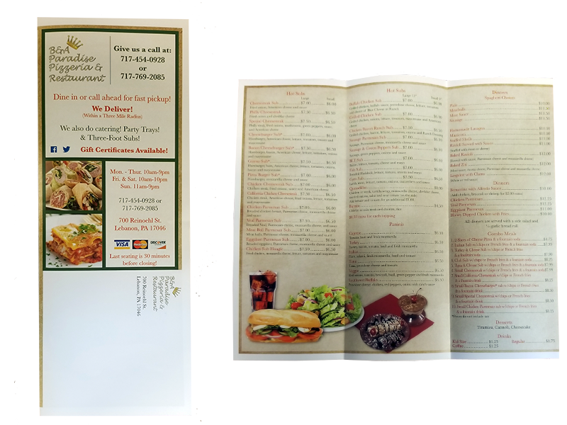 Colortech, Inc printed EDDM project for a local restaurant in Lebanon, PA.